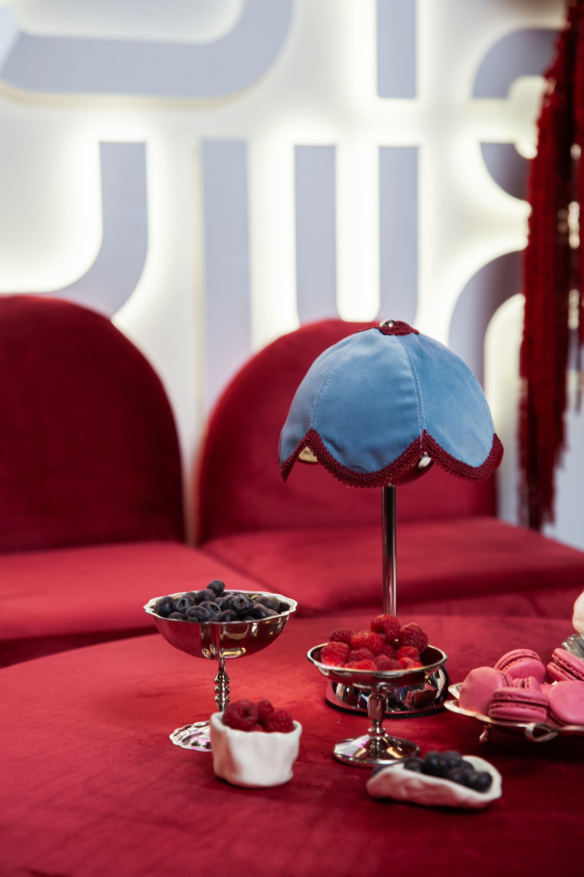 Лампа Dome Цветочек, голубой велюр + бордовая тесьма - Фото миниатюра 2