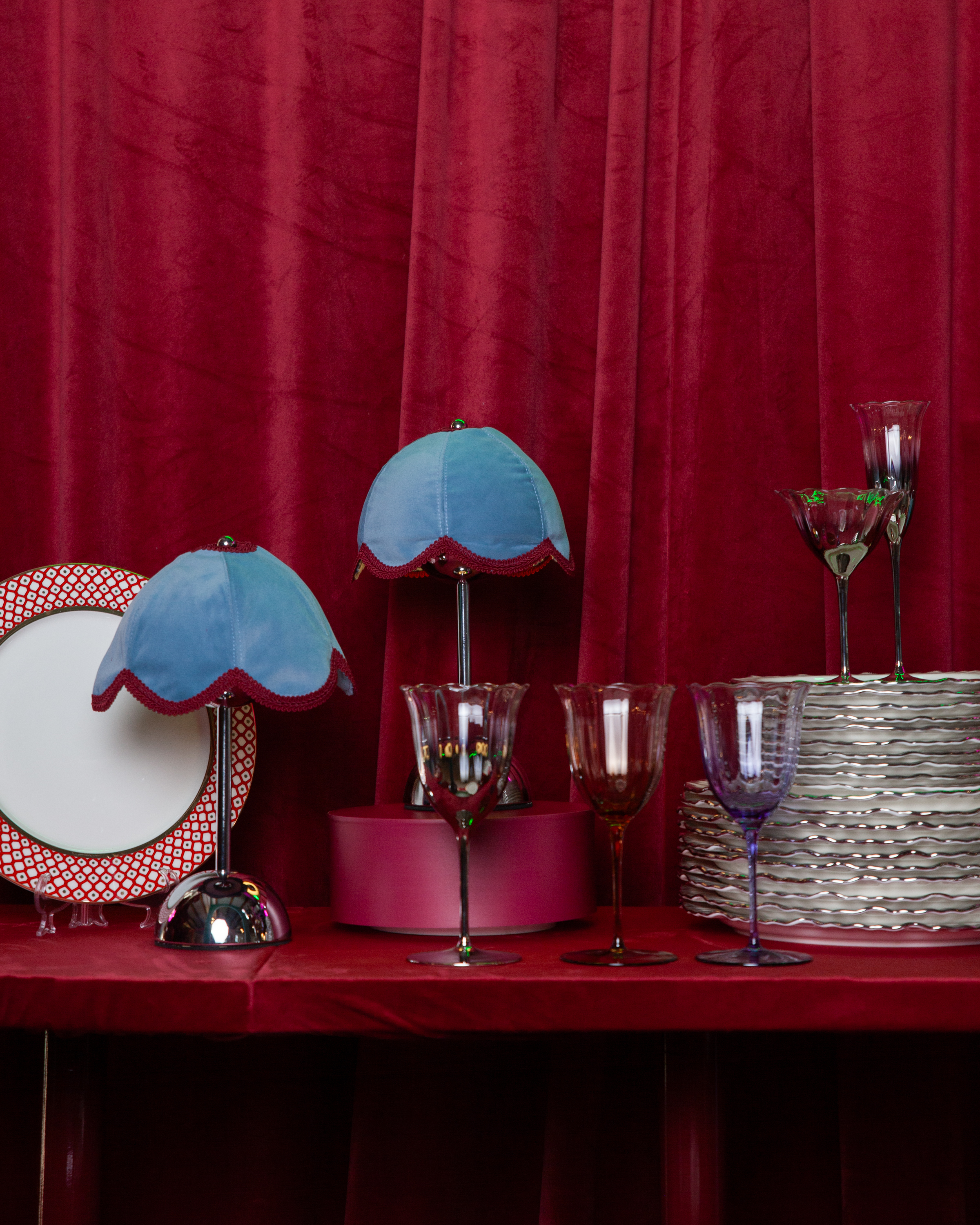 Лампа Dome Цветочек, голубой велюр + бордовая тесьма - Фото миниатюра 5