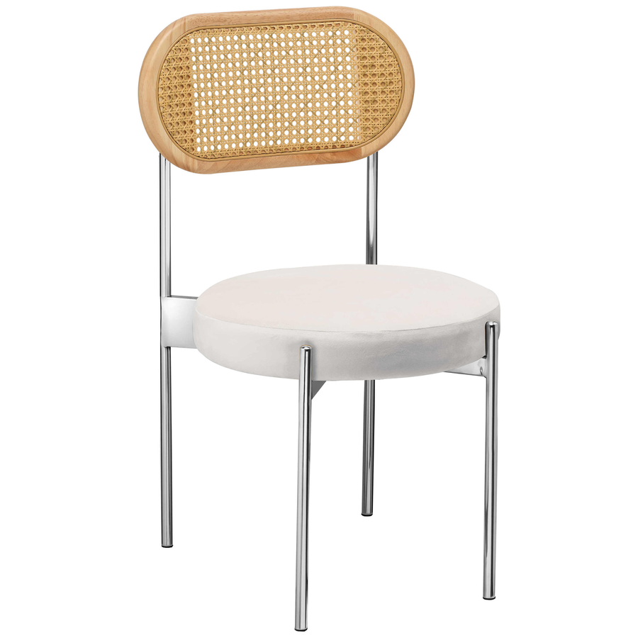 Стул «Тотем» серебряный, белый теплый бархат с ротанговой спинкой натуральной - Фото основное 1